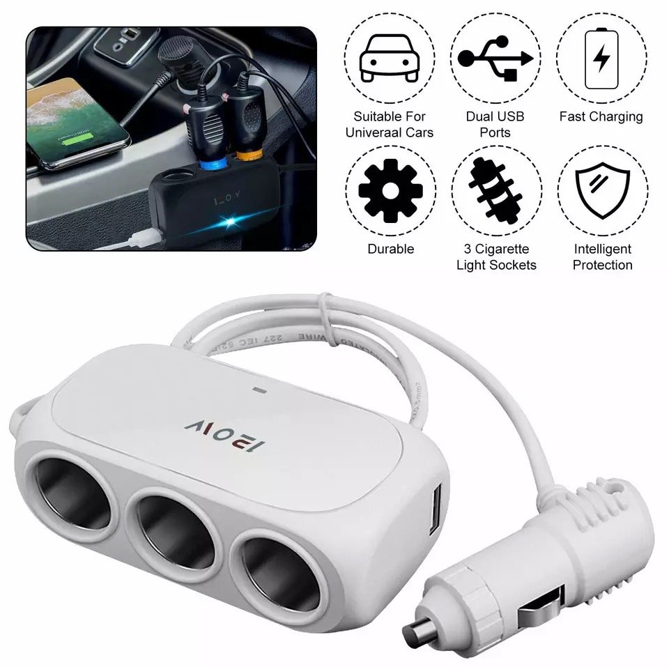 ATS-0878_3_Way_charger_10 3 Way Universal Car Cigarette Lighter Socket Splitter LED Dual USB Charger Power Adapter White - Image 1